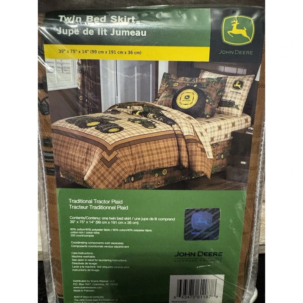 John Deere Twin Bed Skirt‎ Brown Plaid Tractor Farmhouse Bedding Collection NEW